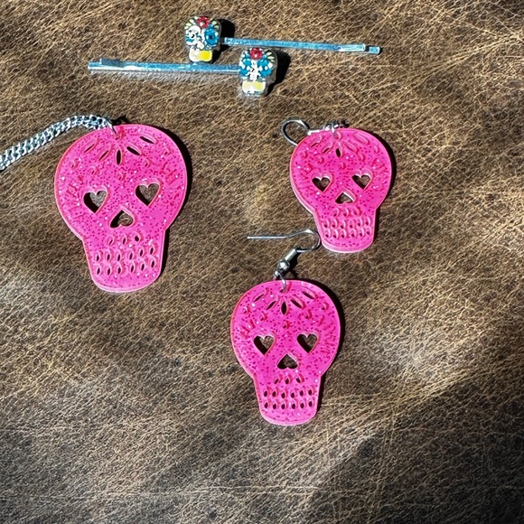 None Jewelry - Colorful Skull Pendant Necklace, Earrings and hair clips